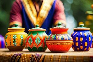 a man is standing next to colorful pots. AI-Generated photo