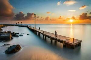 a long pier with a sunset in the background. AI-Generated photo