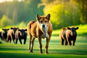 a dog is standing in front of a herd of cattle. AI-Generated photo