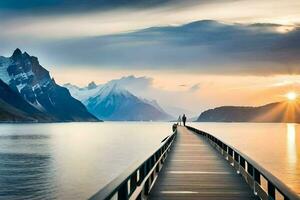 a man standing on a pier looking out over the water. AI-Generated photo