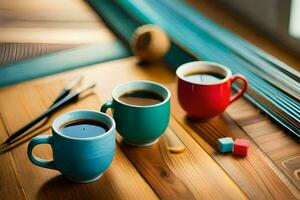 three coffee cups on a wooden table. AI-Generated photo