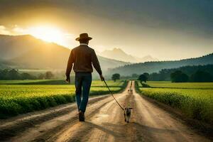 un hombre caminando su perro en un país la carretera. generado por ai foto