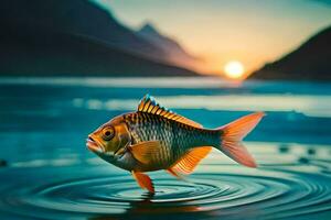 a fish is standing on the water with the sun setting behind it. AI-Generated photo