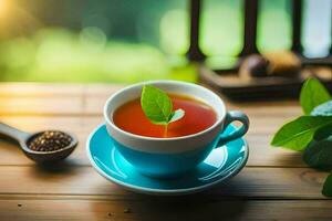 a cup of tea on a wooden table. AI-Generated photo