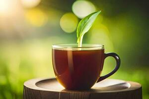 a cup of tea with a green plant on the table. AI-Generated photo