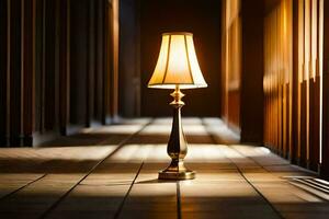 a lamp sitting on a wooden floor in a hallway. AI-Generated photo