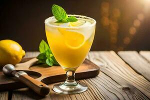 a glass of lemonade with mint leaves on a wooden table. AI-Generated photo