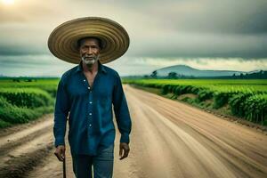 a man wearing a hat walks down a dirt road. AI-Generated photo