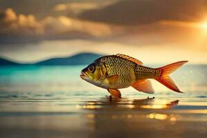 a fish is standing on the beach at sunset. AI-Generated photo