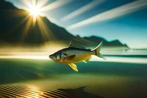 un pescado es volador terminado el Oceano a puesta de sol. generado por ai foto
