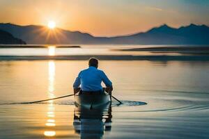 a man in a boat paddling at sunset. AI-Generated photo