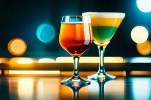 two glasses of different colored drinks on a table. AI-Generated photo