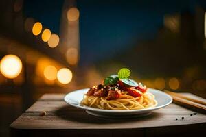 a plate of spaghetti with tomato and basil on a wooden table. AI-Generated photo