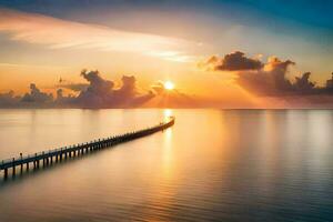a pier in the ocean at sunset. AI-Generated photo