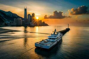 a yacht in the water at sunset with a city in the background. AI-Generated photo