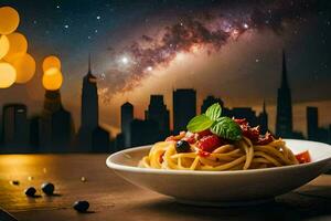 spaghetti with berries and stars in the night sky. AI-Generated photo