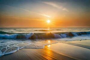 the sun rises over the ocean and waves on the beach. AI-Generated photo