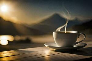 a cup of coffee on a wooden table in front of a mountain view. AI-Generated photo