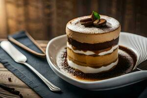 a dessert on a plate with a spoon. AI-Generated photo