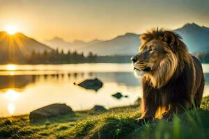 the lion is a male lion, a member of the cat family, which includes tigers, le. AI-Generated photo