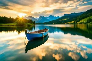 the boat is floating on the calm lake at sunset. AI-Generated photo