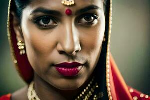un mujer en tradicional indio ropa con rojo lápiz labial. generado por ai foto