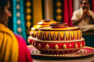 a man in a red and yellow sari is looking at a pot. AI-Generated photo