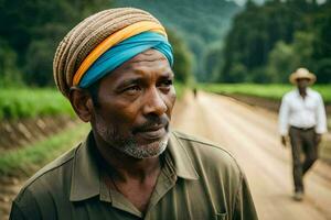 un hombre en un turbante camina abajo un suciedad la carretera. generado por ai foto