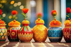 colorful vases with flowers in them on a table. AI-Generated photo