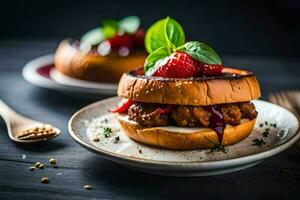 two hamburgers with strawberries and cheese on a plate. AI-Generated photo