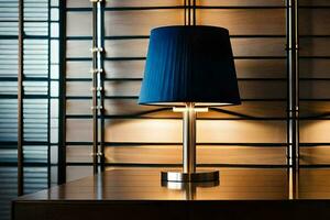 a blue lamp on a wooden table in front of a wall. AI-Generated photo