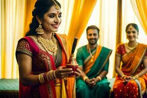 un novia en tradicional indio atuendo participación un botella. generado por ai foto