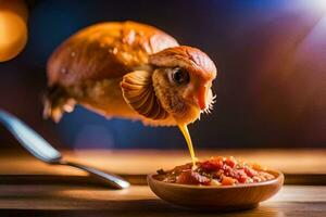 un pollo es comiendo desde un cuenco de alimento. generado por ai foto