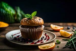 a cupcake with a garnish on top and some vegetables. AI-Generated photo