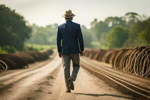 a man in a suit and hat walking down a dirt road. AI-Generated photo