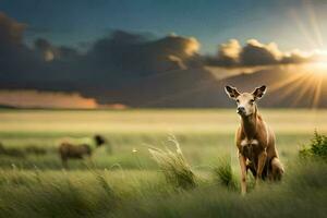 a deer is standing in the grass with the sun setting behind it. AI-Generated photo