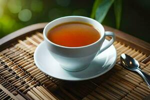 a cup of tea on a bamboo mat. AI-Generated photo