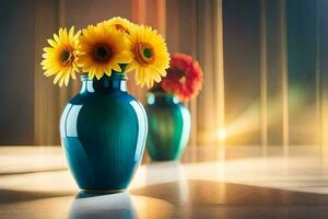 two vases with yellow flowers sitting on a table. AI-Generated photo