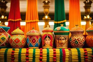 colorful pots with painted faces on them are on display. AI-Generated photo