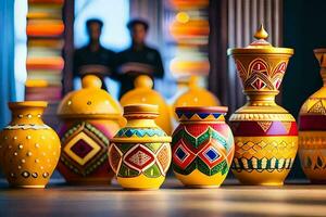 a group of colorful vases sitting on a table. AI-Generated photo