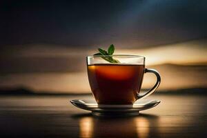 un taza de té en un mesa con un puesta de sol en el antecedentes. generado por ai foto