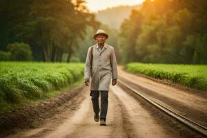 a man in a hat and coat walking down a dirt road. AI-Generated photo