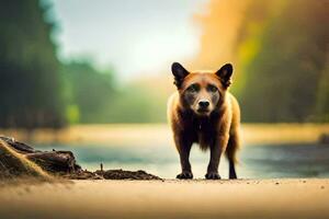 a dog standing on the beach in front of a forest. AI-Generated photo