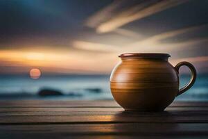 un café taza se sienta en un de madera mesa en frente de el océano. generado por ai foto