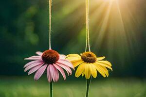 two flowers hanging from strings in the sun. AI-Generated photo