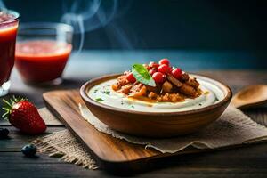 a bowl of yogurt with berries and a glass of juice. AI-Generated photo