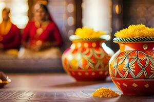 a table with two colorful vases and yellow flowers. AI-Generated photo