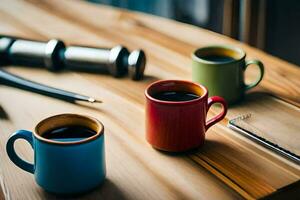 dos café tazas sentar en un mesa siguiente a un bolígrafo y cuaderno. generado por ai foto