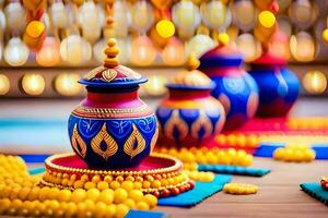 colorful vases and colorful beads on a table. AI-Generated photo