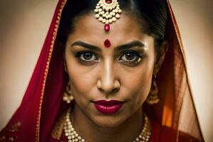 a beautiful indian woman wearing a red sari. AI-Generated photo